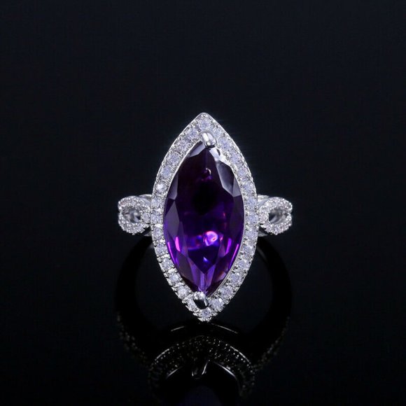 Luxury s925 Silver Marquise Cut Amethyst Ring - Picture 5 of 7